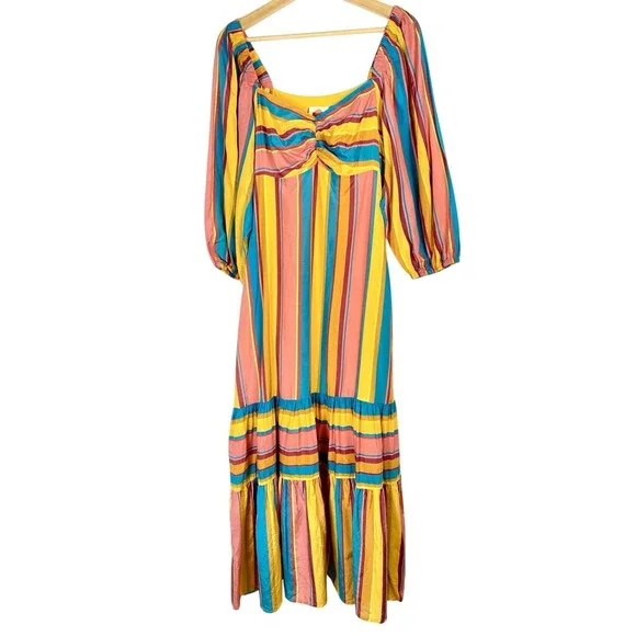 Farm Rio x Anthropologie Sz Small Maxi Dress Stripe Coastal Tropical Puff Sleeve - Picture 2 of 8